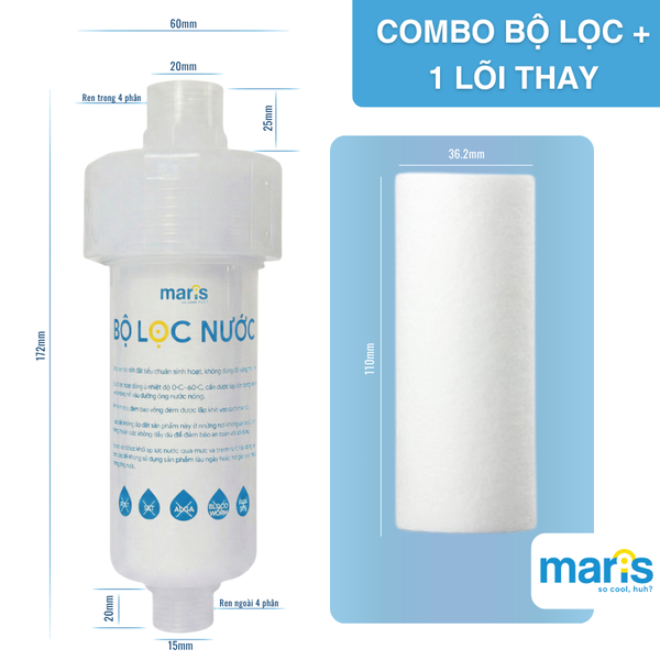 Bộ Lọc Nước Tắm Gắn Vòi Đa Năng MARIS Sẵn Lõi Lọc 0.005mm, Gắn Máy Giặt, Vòi Sen, Bồn Rửa Thay Được Lõi