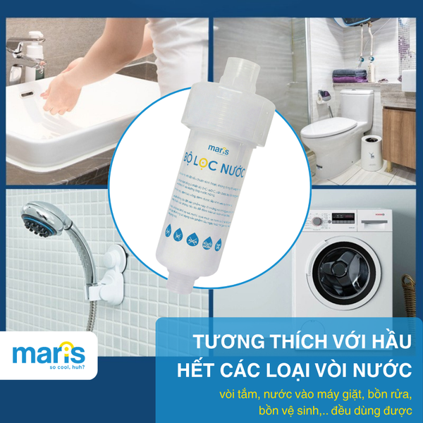 Bộ Lọc Nước Tắm Gắn Vòi Đa Năng MARIS Sẵn Lõi Lọc 0.005mm, Gắn Máy Giặt, Vòi Sen, Bồn Rửa Thay Được Lõi