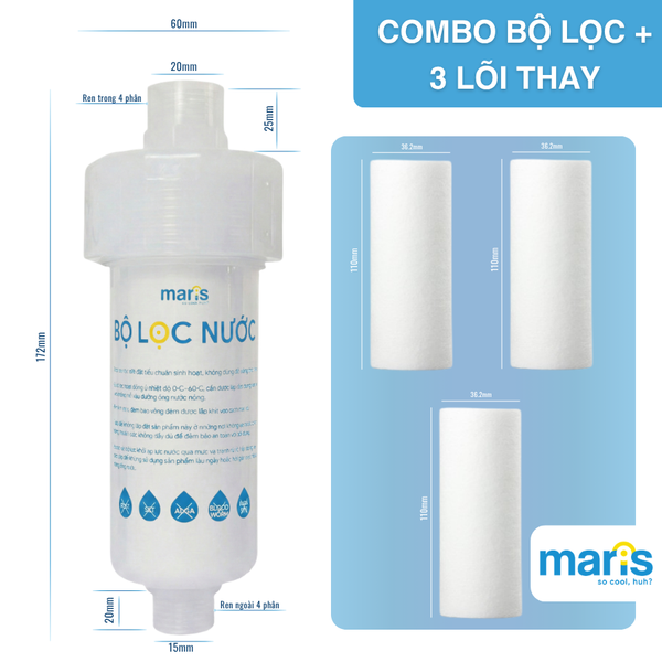 Bộ Lọc Nước Tắm Gắn Vòi Đa Năng MARIS Sẵn Lõi Lọc 0.005mm, Gắn Máy Giặt, Vòi Sen, Bồn Rửa Thay Được Lõi