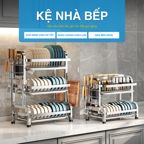 Kệ Nhà Bếp MARIS Kệ Chén Đĩa Đa Năng Inox Có Khay Hứng Nước 2 Tầng 3 Tầng Kèm Phụ Kiện Giá Để Đũa Dao Thớt