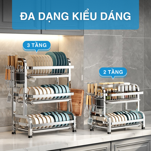 Kệ Nhà Bếp MARIS Kệ Chén Đĩa Đa Năng Inox Có Khay Hứng Nước 2 Tầng 3 Tầng Kèm Phụ Kiện Giá Để Đũa Dao Thớt