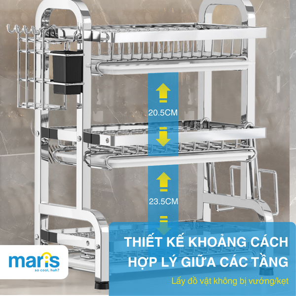 Kệ Nhà Bếp MARIS Kệ Chén Đĩa Đa Năng Inox Có Khay Hứng Nước 2 Tầng 3 Tầng Kèm Phụ Kiện Giá Để Đũa Dao Thớt