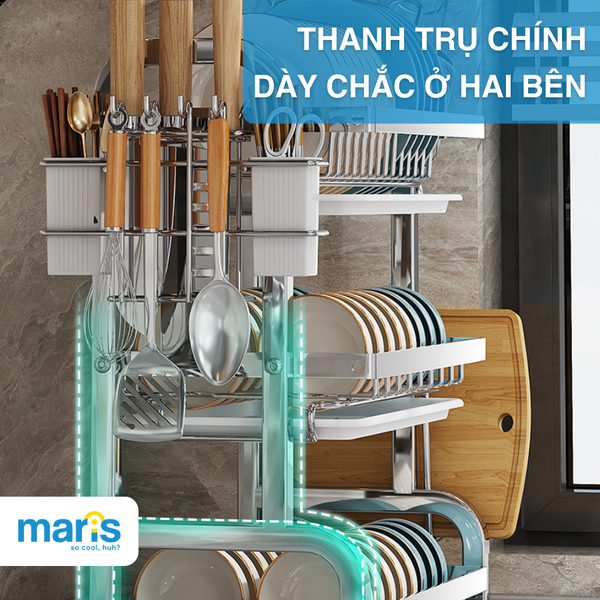 Kệ Nhà Bếp MARIS Kệ Chén Đĩa Đa Năng Inox Có Khay Hứng Nước 2 Tầng 3 Tầng Kèm Phụ Kiện Giá Để Đũa Dao Thớt