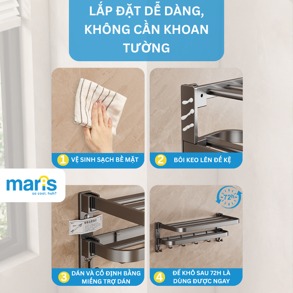 Giá Treo Khăn Nhà Tắm MARIS Dán Tường Không Cần Khoan, Có Thể Gấp Gọn 90 Độ, Chất Liệu Nhôm Anod và Thép Carbon Siêu Bền