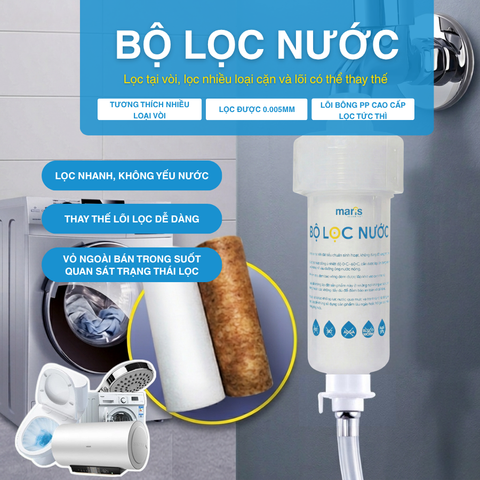 Bộ Lọc Nước Tắm Gắn Vòi Đa Năng MARIS Sẵn Lõi Lọc 0.005mm, Gắn Máy Giặt, Vòi Sen, Bồn Rửa Thay Được Lõi