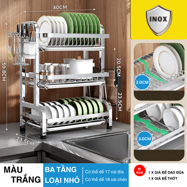 Kệ Nhà Bếp MARIS Kệ Chén Đĩa Đa Năng Inox Có Khay Hứng Nước 2 Tầng 3 Tầng Kèm Phụ Kiện Giá Để Đũa Dao Thớt