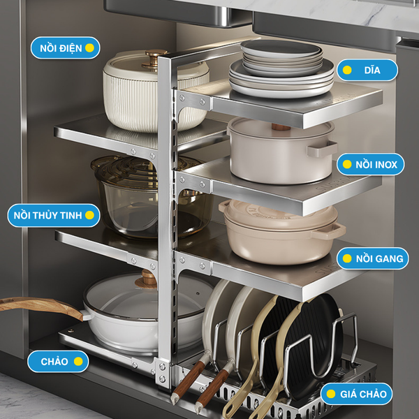 Kệ Bếp Để Xoong Nồi Chảo Nhiều Tầng Inox MARIS Có Thể Điều Chỉnh Độ Cao, Kệ Bếp Inox Đa Năng