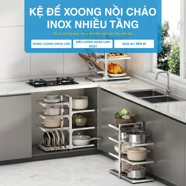 Kệ Bếp Để Xoong Nồi Chảo Nhiều Tầng Inox MARIS Có Thể Điều Chỉnh Độ Cao, Kệ Bếp Inox Đa Năng