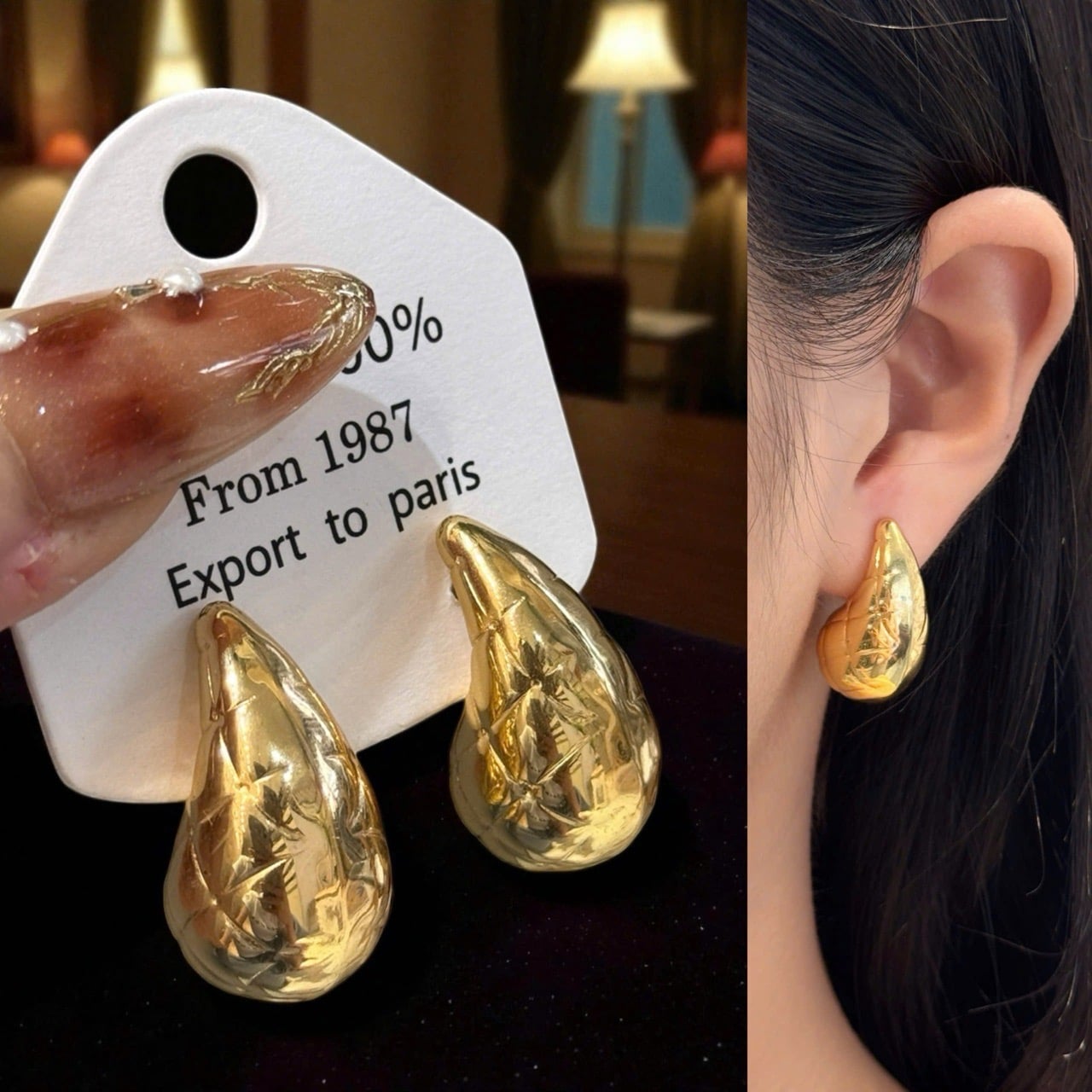  K1 - PKS - BT - Bông tai Titan giọt nước khía vàng 1454 