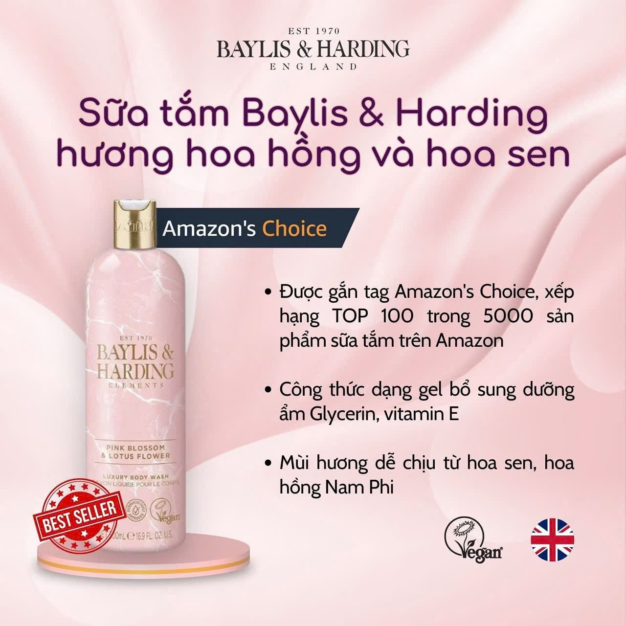  D33 - Sữa tắm Baylis & Harding hương  hoa hồng & hoa sen 