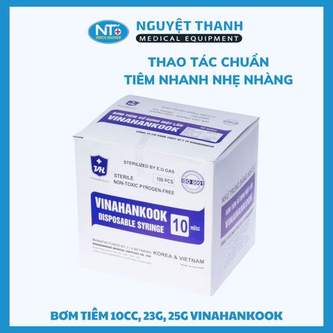 1 HỘP (100 ỐNG) Bơm tiêm Vinahankook 10cc, kim 25G, tiệt trùng bằng khí E.O