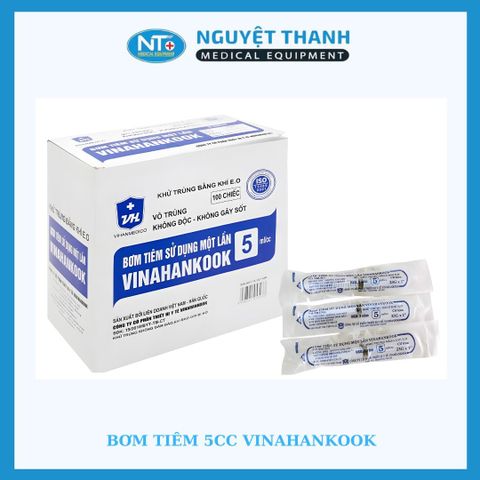 Bơm tiêm 5cc Vinahankook, kim 25G tiệt trùng bằng khí E.O, hộp 100 cái