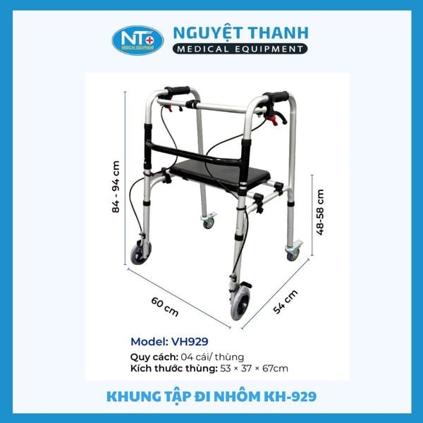 Khung tập đi nhôm KH-929 có bánh xe ghế ngồi