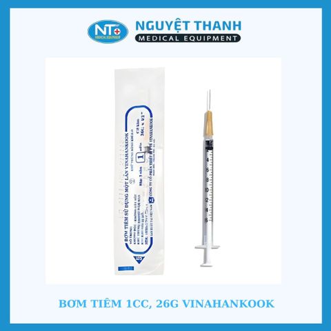 Bơm tiêm 1ml - 26G Vinahankook, nhựa PP y tế, thép không gỉ, hộp 100 ống