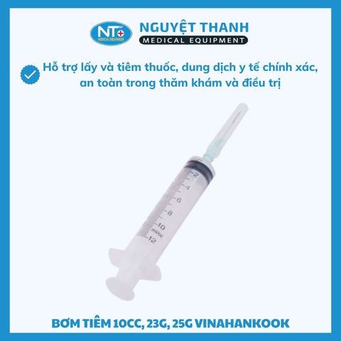 1 HỘP (100 ỐNG) Bơm tiêm Vinahankook 10cc, kim 25G, tiệt trùng bằng khí E.O