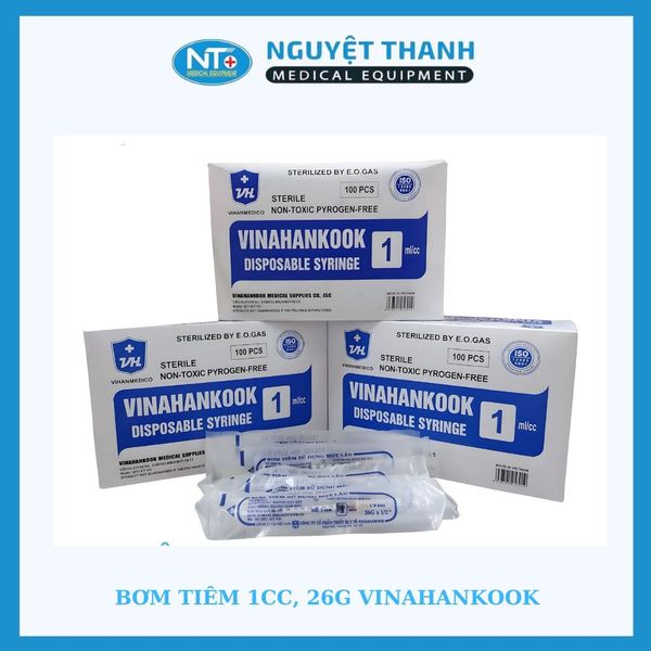 Bơm tiêm 1ml - 26G Vinahankook, nhựa PP y tế, thép không gỉ, hộp 100 ống