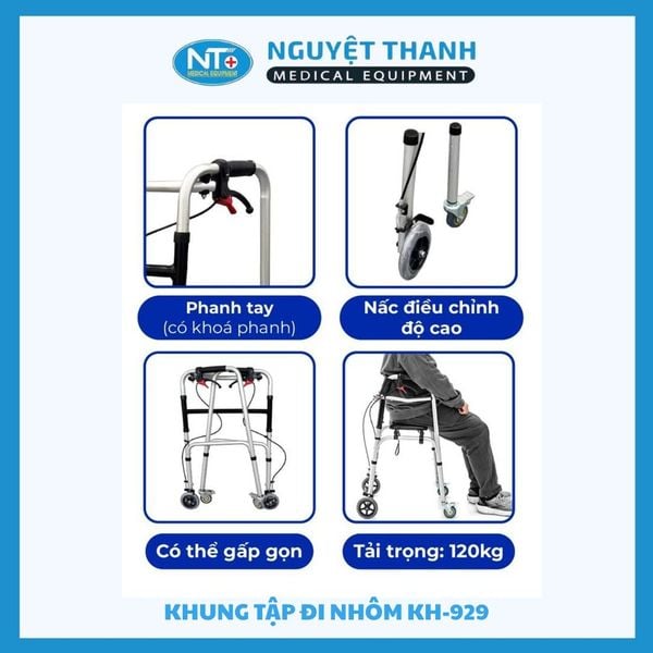 Khung tập đi nhôm KH-929 có bánh xe ghế ngồi