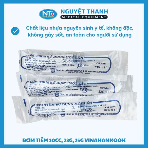 1 HỘP (100 ỐNG) Bơm tiêm Vinahankook 10cc, kim 25G, tiệt trùng bằng khí E.O