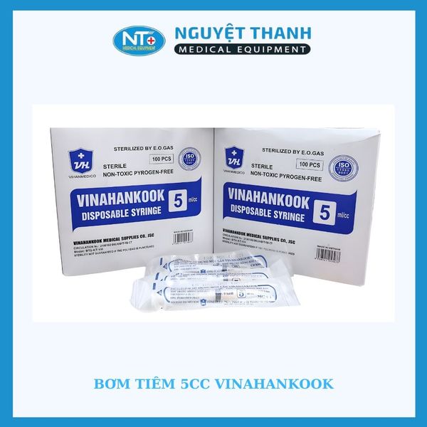 Bơm tiêm 5cc Vinahankook, kim 25G tiệt trùng bằng khí E.O, hộp 100 cái