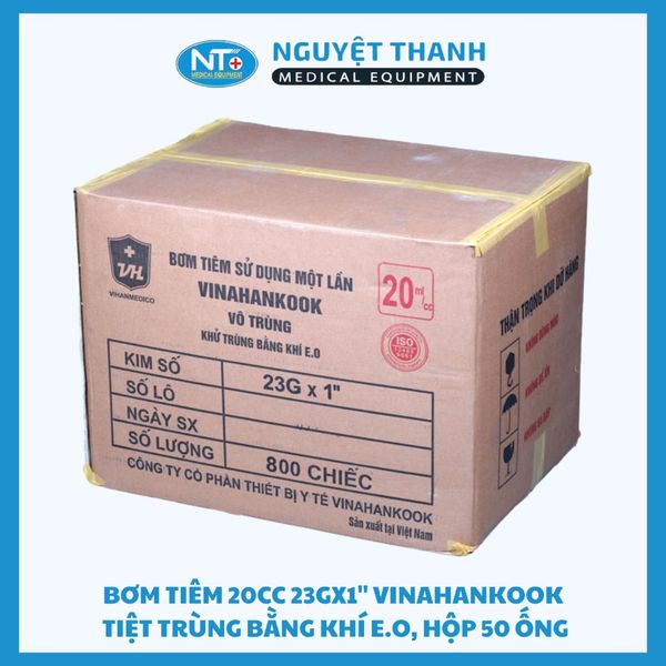 Bơm tiêm 20cc 23Gx1'' Vinahankook, tiệt trùng bằng khí E.O, hộp 50 ống