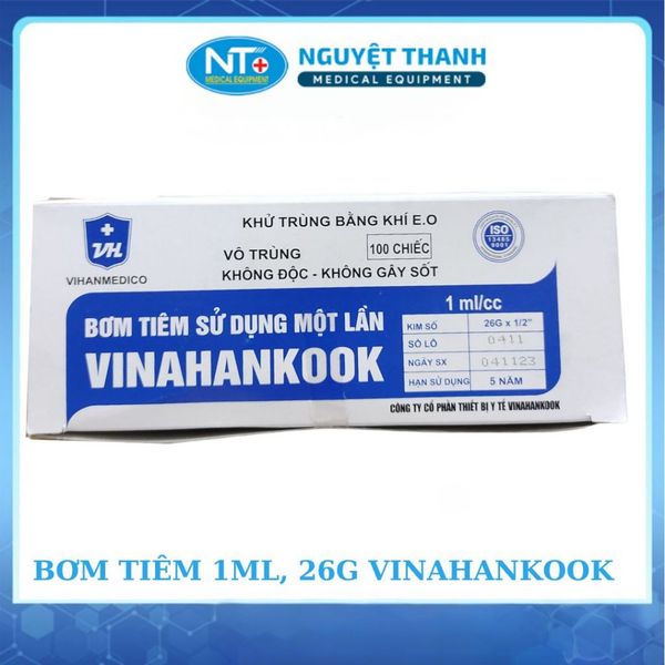 Bơm tiêm 1ml - 26G Vinahankook, nhựa PP y tế, thép không gỉ, hộp 100 ống