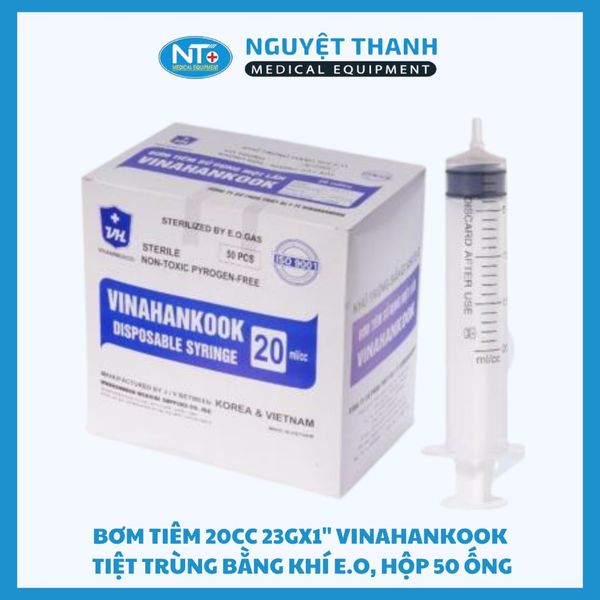 Bơm tiêm 20cc 23Gx1'' Vinahankook, tiệt trùng bằng khí E.O, hộp 50 ống