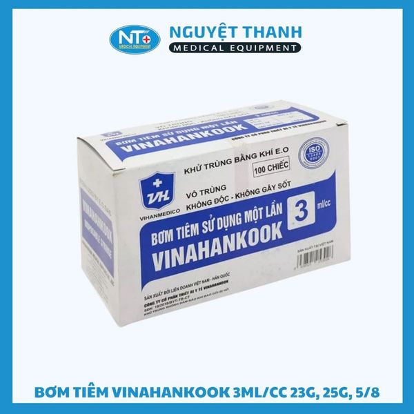 Bơm tiêm Vinahankook 3ml, kim 23G, 25G, 5/8, tiệt trùng bằng khí E.O, hộp 100 cái