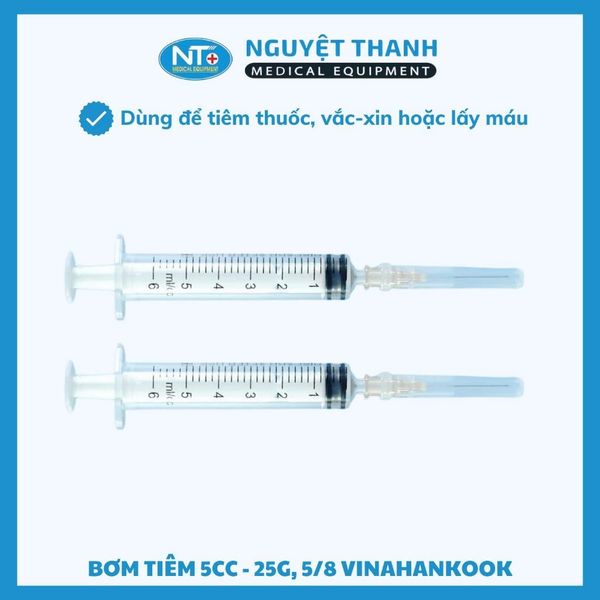 Bơm tiêm 5cc Vinahankook, kim 25G, 23G, 5/8 tiệt trùng bằng khí E.O, hộp 100 cái