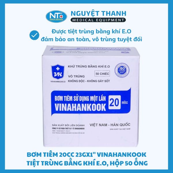 Bơm tiêm 20cc 23Gx1'' Vinahankook, tiệt trùng bằng khí E.O, hộp 50 ống