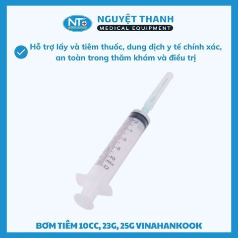 Bơm tiêm Vinahankook 10cc, kim 23G, 25G, tiệt trùng bằng khí E.O, 1 ống