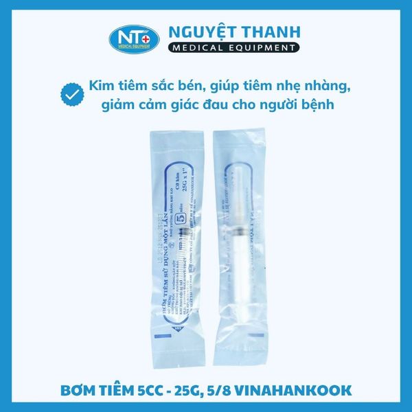 Bơm tiêm 5cc Vinahankook, kim 25G, 23G, 5/8 tiệt trùng bằng khí E.O, hộp 100 cái