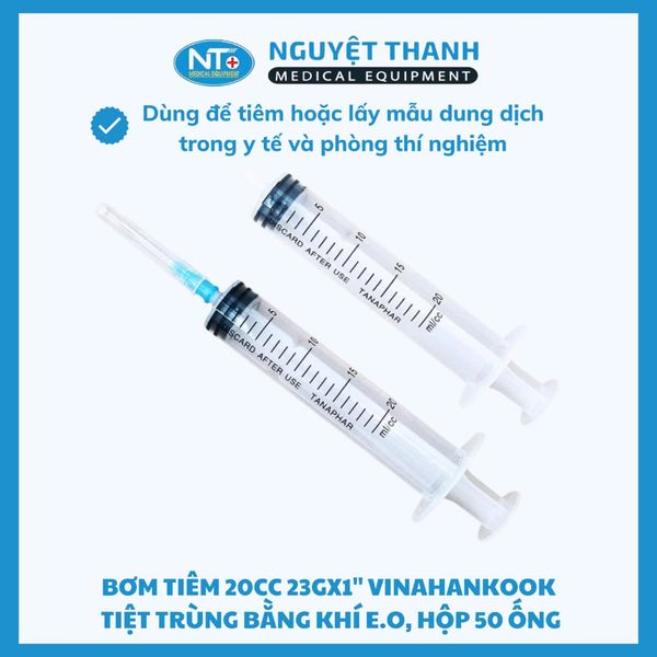 Bơm tiêm 20cc 23Gx1'' Vinahankook, tiệt trùng bằng khí E.O, hộp 50 ống