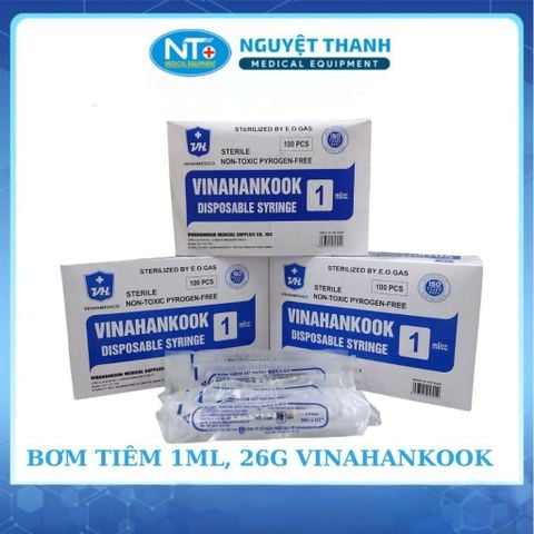 Bơm tiêm 1ml - 26G Vinahankook, nhựa PP y tế, thép không gỉ, 1 ống