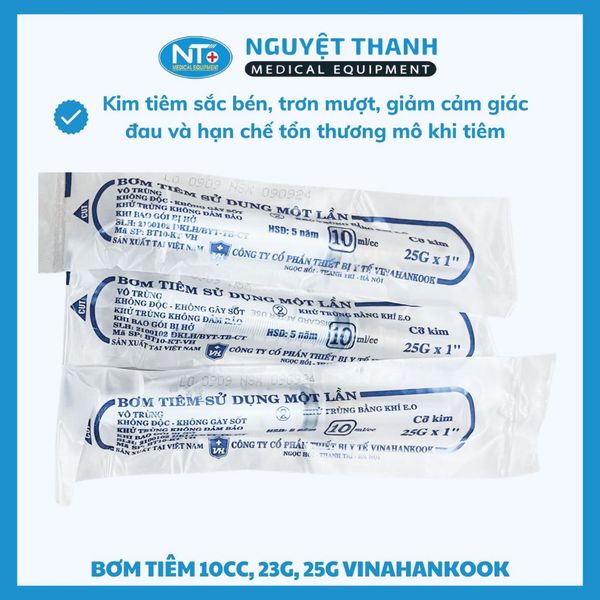 Bơm tiêm Vinahankook 10cc, kim 23G, 25G, tiệt trùng bằng khí E.O, hộp 100 cái
