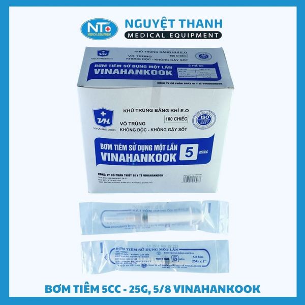 Bơm tiêm 5cc Vinahankook, kim 25G, 23G, 5/8 tiệt trùng bằng khí E.O, hộp 100 cái