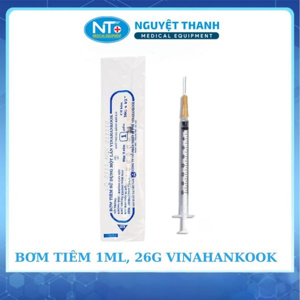 Bơm tiêm 1ml - 26G Vinahankook, nhựa PP y tế, thép không gỉ, hộp 100 ống