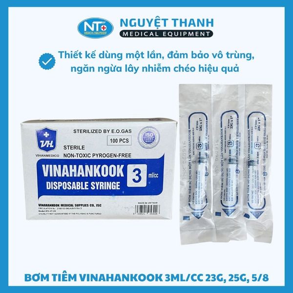 Bơm tiêm Vinahankook 3ml, kim 23G, 25G, 5/8, tiệt trùng bằng khí E.O, hộp 100 cái