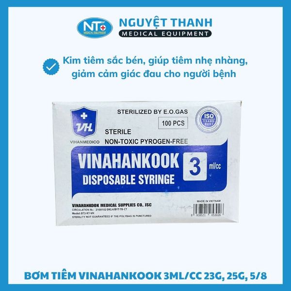 Bơm tiêm Vinahankook 3ml, kim 23G, 25G, 5/8, tiệt trùng bằng khí E.O, hộp 100 cái
