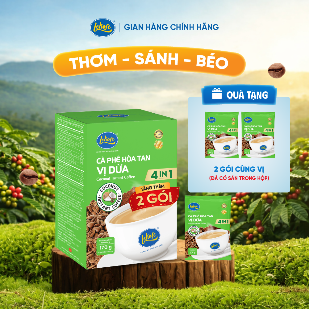  Cà Phê Hòa Tan 4in1 vị dừa hộp 170g ( New 10 gói x 17g) - tặng 2 gói 