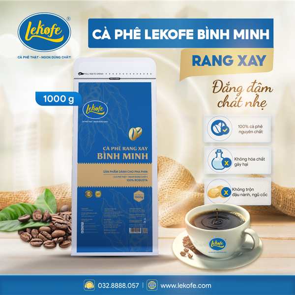  Cà phê rang xay Bình Minh 1000g Lekofe - 100% Robusta đắng đậm chát nhẹ