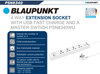  Ổ cắm điện Blaupunkt PSN8340, 4 ổ + USB-C + USB-A, PD20W, Dây dài 3m, chống lửa, an toàn với trẻ em 