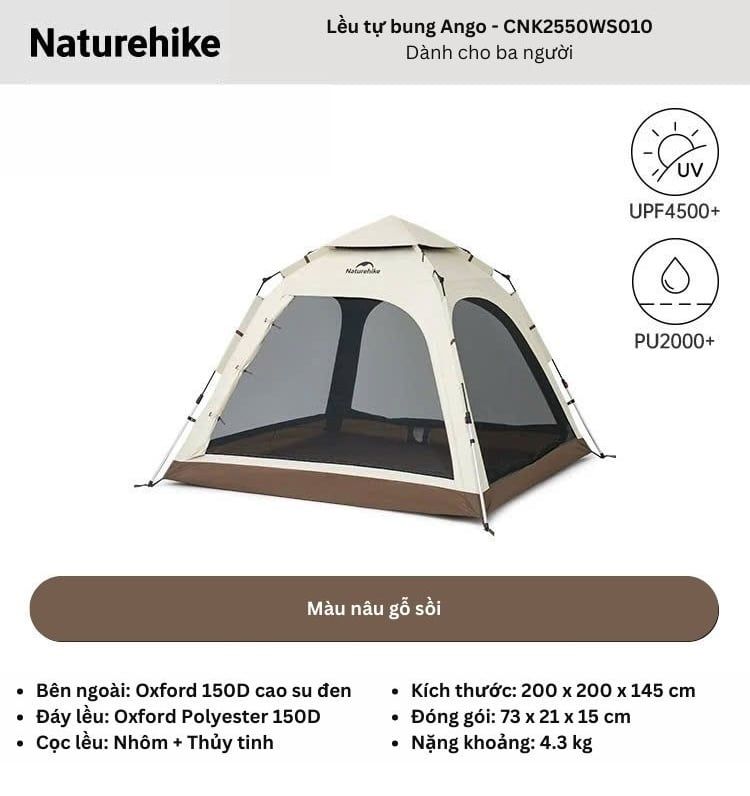 Lều tự bung keo Cao su Titan đen Naturehike Ango CNK2550WS010