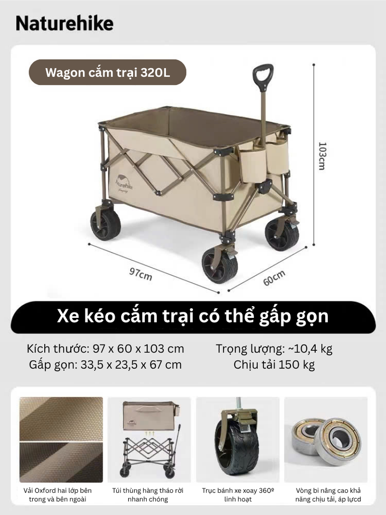 Xe kéo cắm trại dung tích 320L Naturehike NH20PJ009