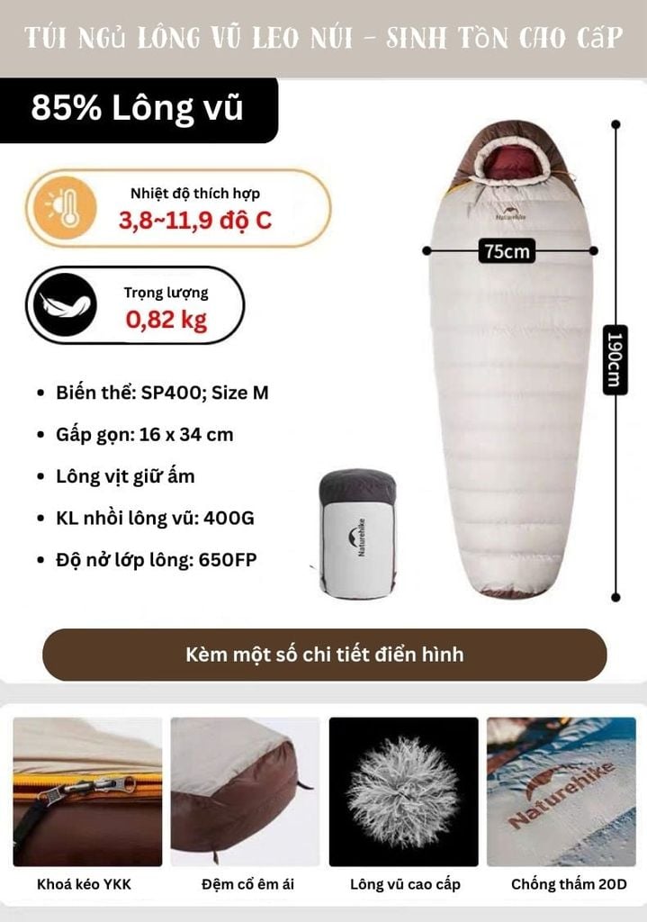 Túi ngủ leo núi Naturehike cao cấp CNK2550WS014