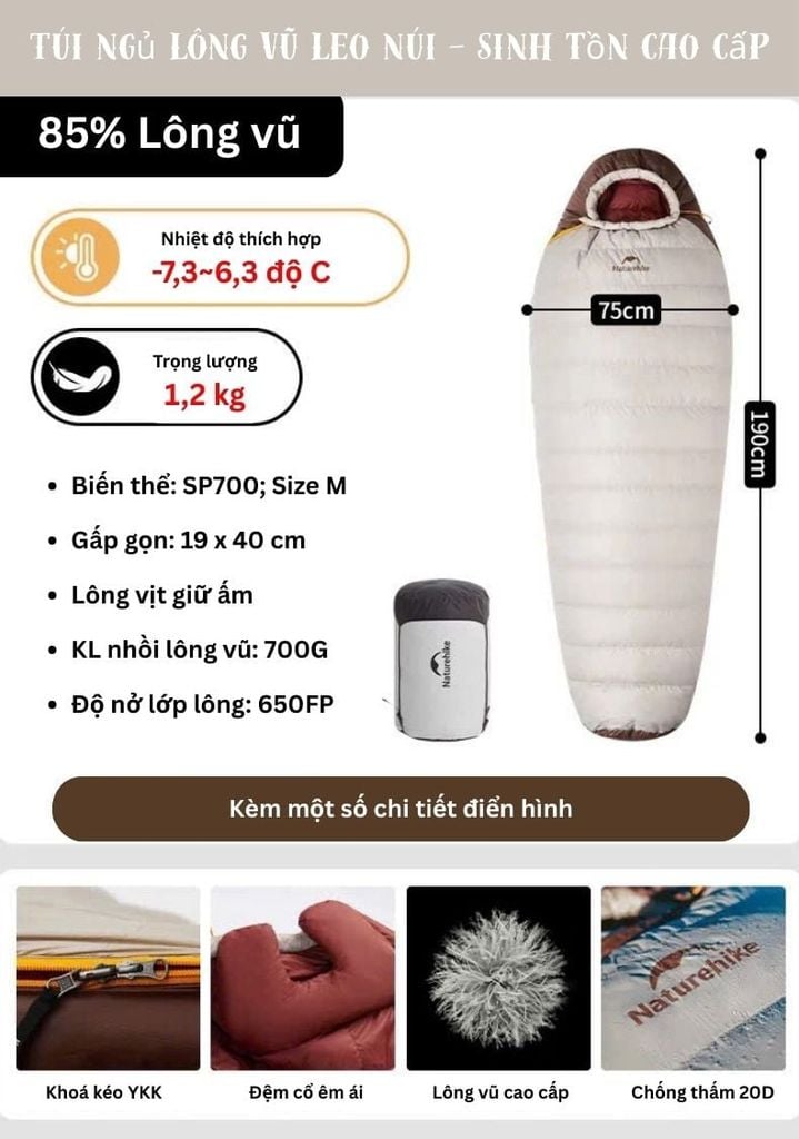 Túi ngủ leo núi Naturehike cao cấp CNK2550WS014