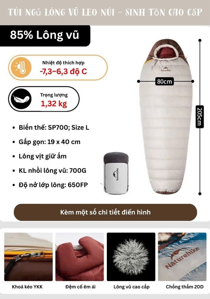 Túi ngủ leo núi Naturehike cao cấp CNK2550WS014