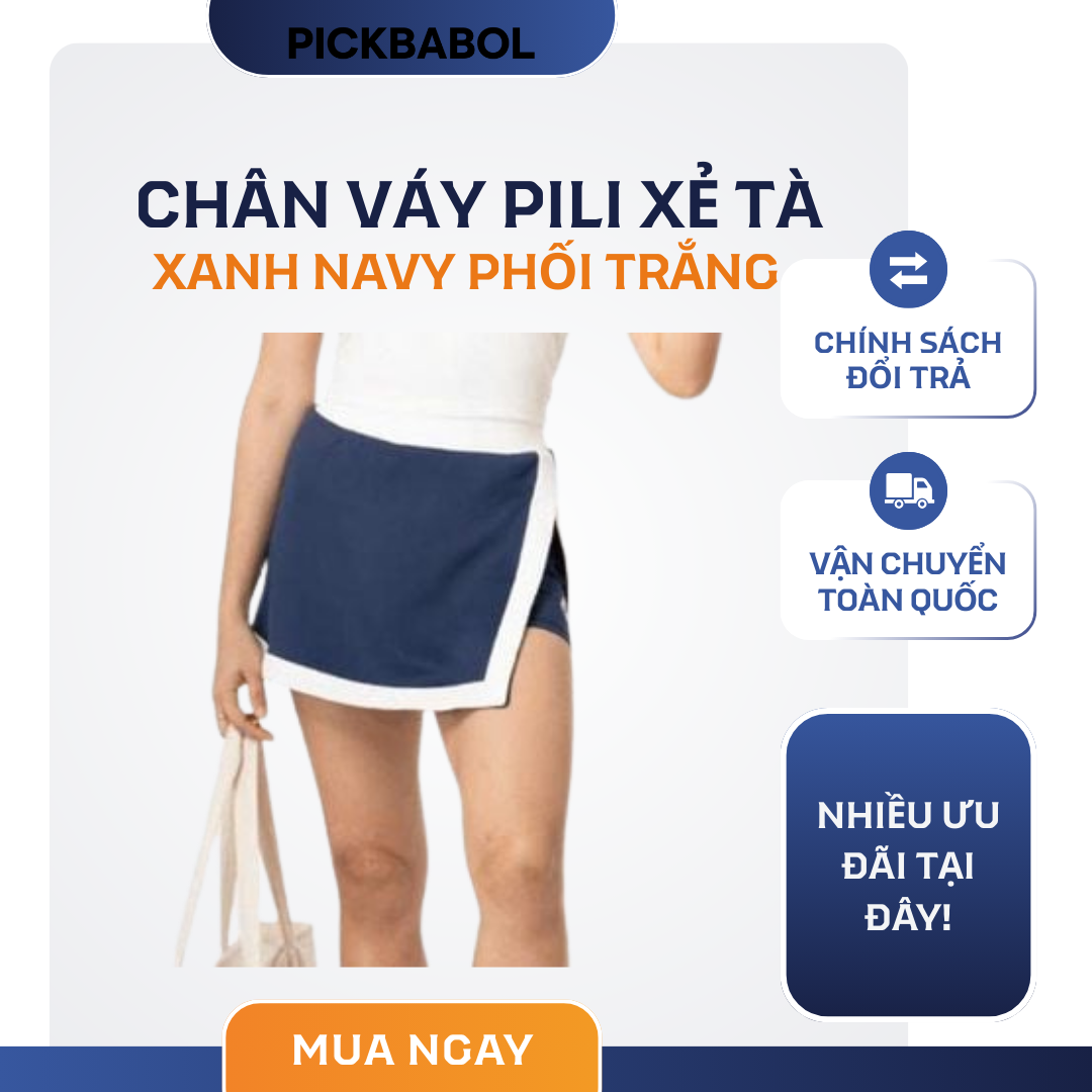  Chân váy Pili xẻ tà - Xanh navy phối trắng 