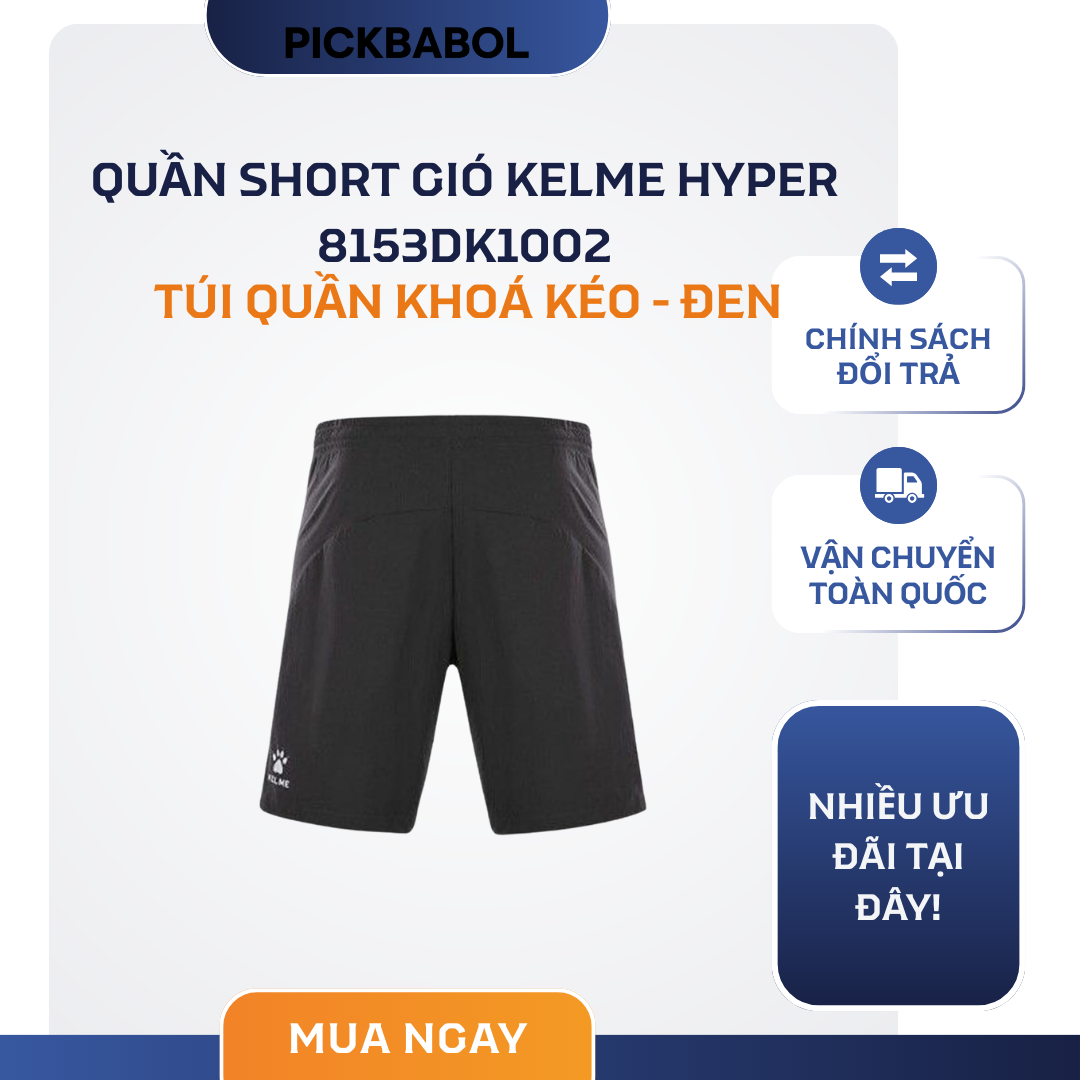  Quần Short Gió Kelme Hyper 8153DK1002 Túi Quần Khoá Kéo - Đen 