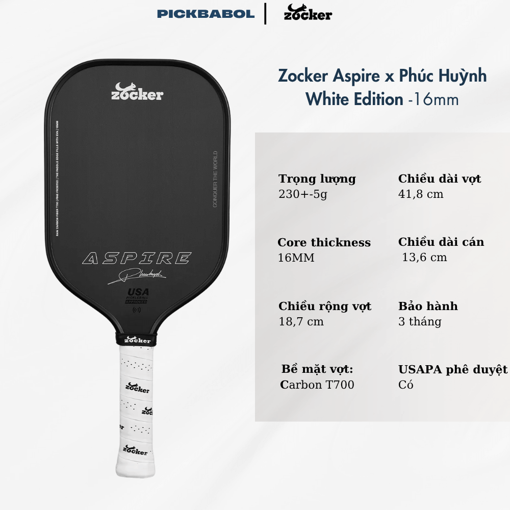  Vợt Pickleball Zocker Aspire - 16mm 