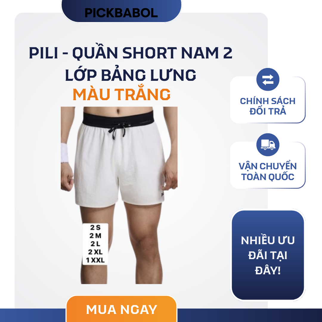  Pili - Quần Short Nam 2 lớp bảng lưng - Trắng 